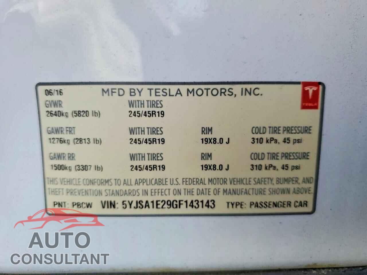 TESLA MODEL S 2016 - 5YJSA1E29GF143143