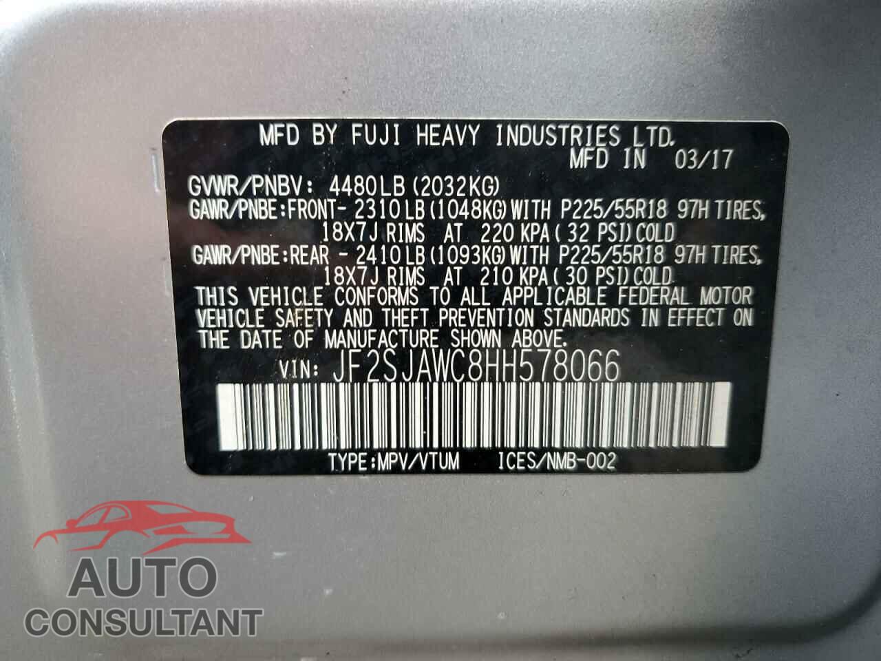 SUBARU FORESTER 2017 - JF2SJAWC8HH578066