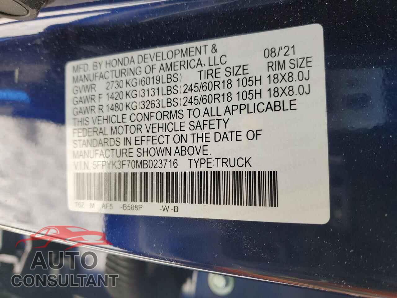 HONDA RIDGELINE 2021 - 5FPYK3F70MB023716