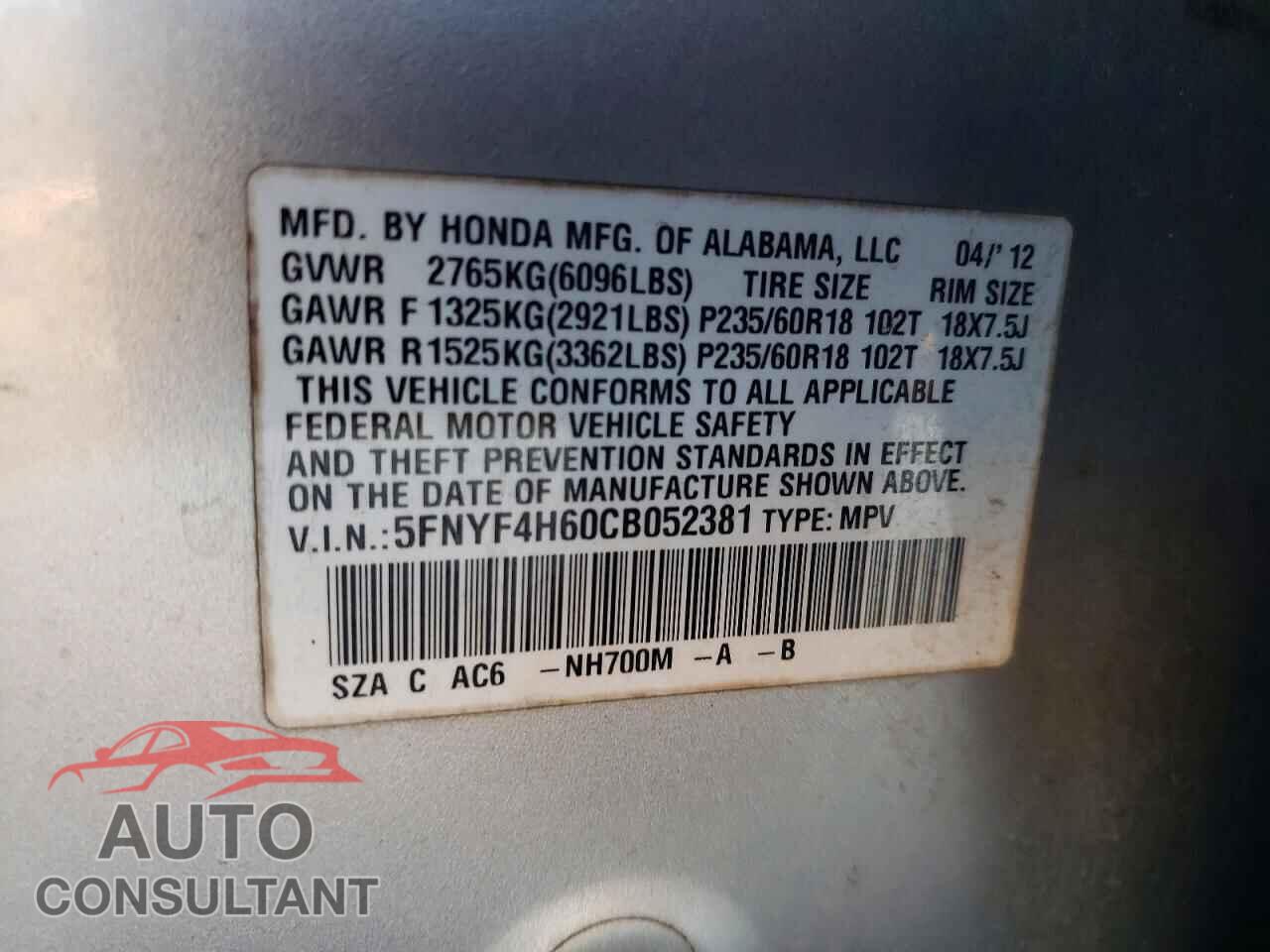 HONDA PILOT 2012 - 5FNYF4H60CB052381