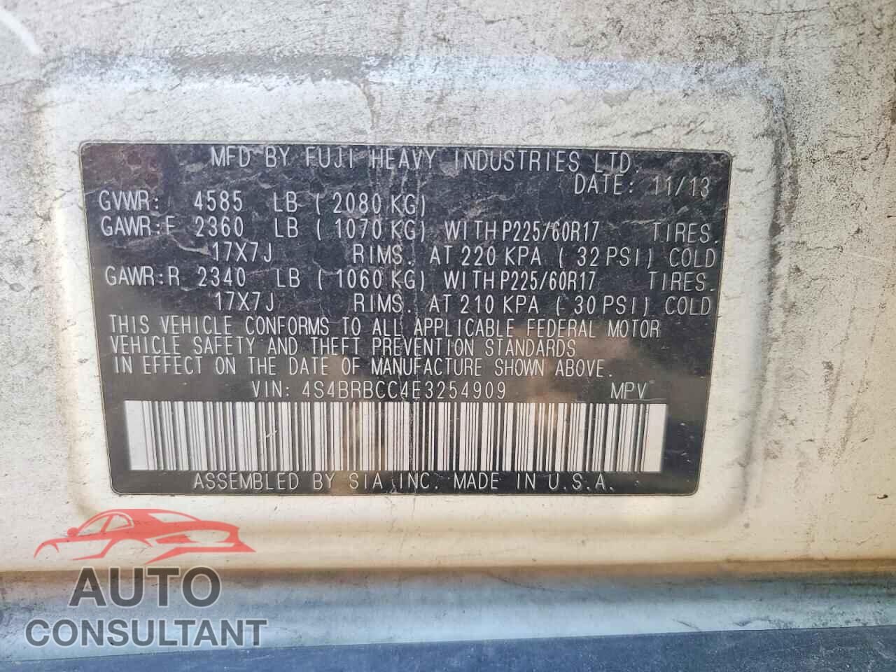 SUBARU OUTBACK 2014 - 4S4BRBCC4E3254909
