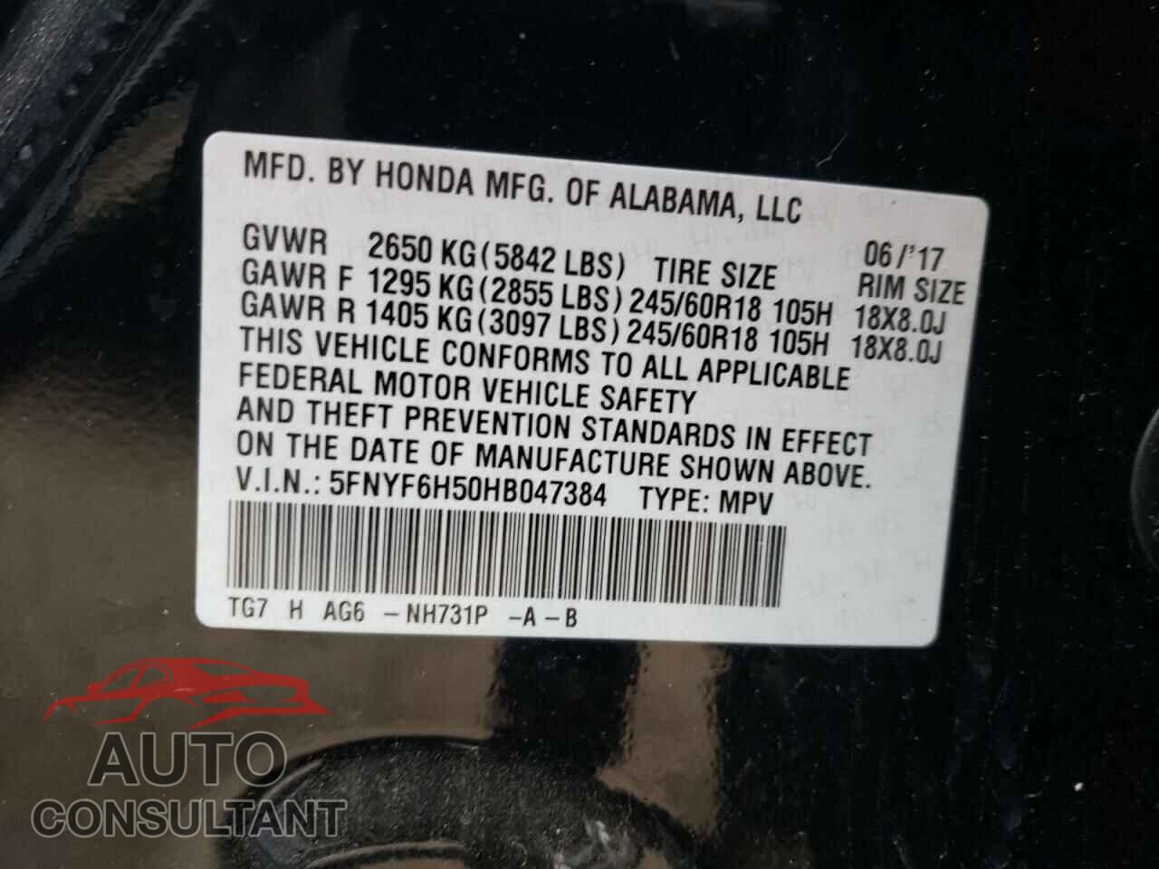 HONDA PILOT 2017 - 5FNYF6H50HB047384