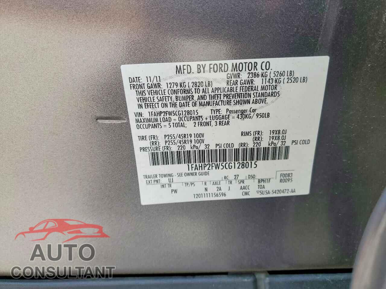 FORD TAURUS 2012 - 1FAHP2FW5CG128015