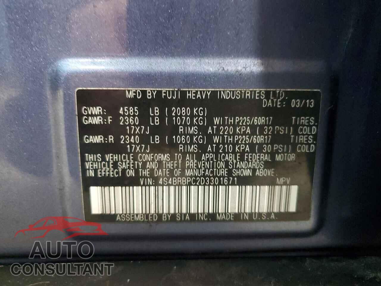 SUBARU OUTBACK 2013 - 4S4BRBPC2D3301671