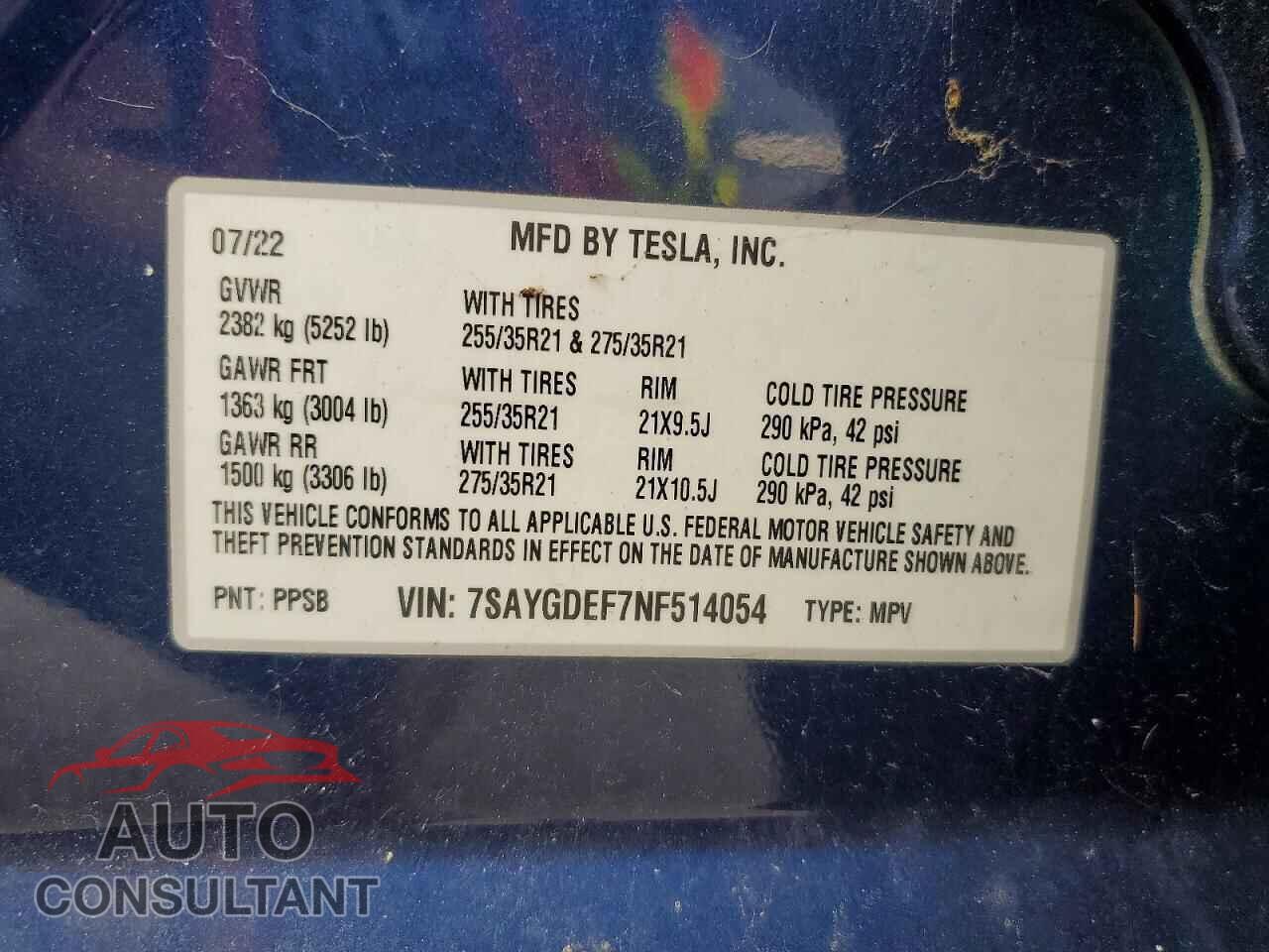 TESLA MODEL Y 2022 - 7SAYGDEF7NF514054
