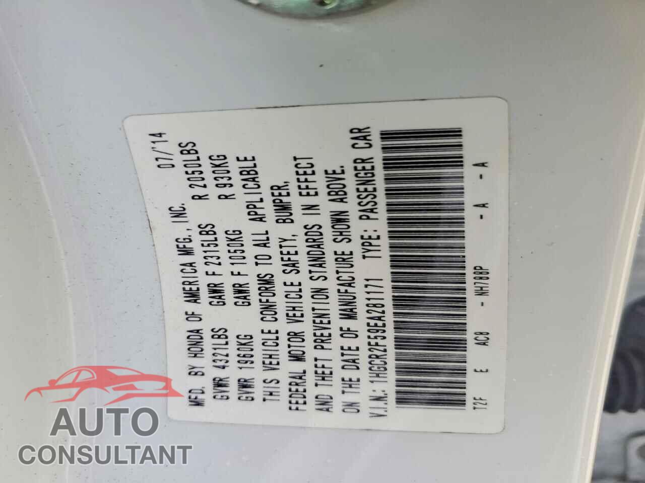 HONDA ACCORD 2014 - 1HGCR2F59EA281171