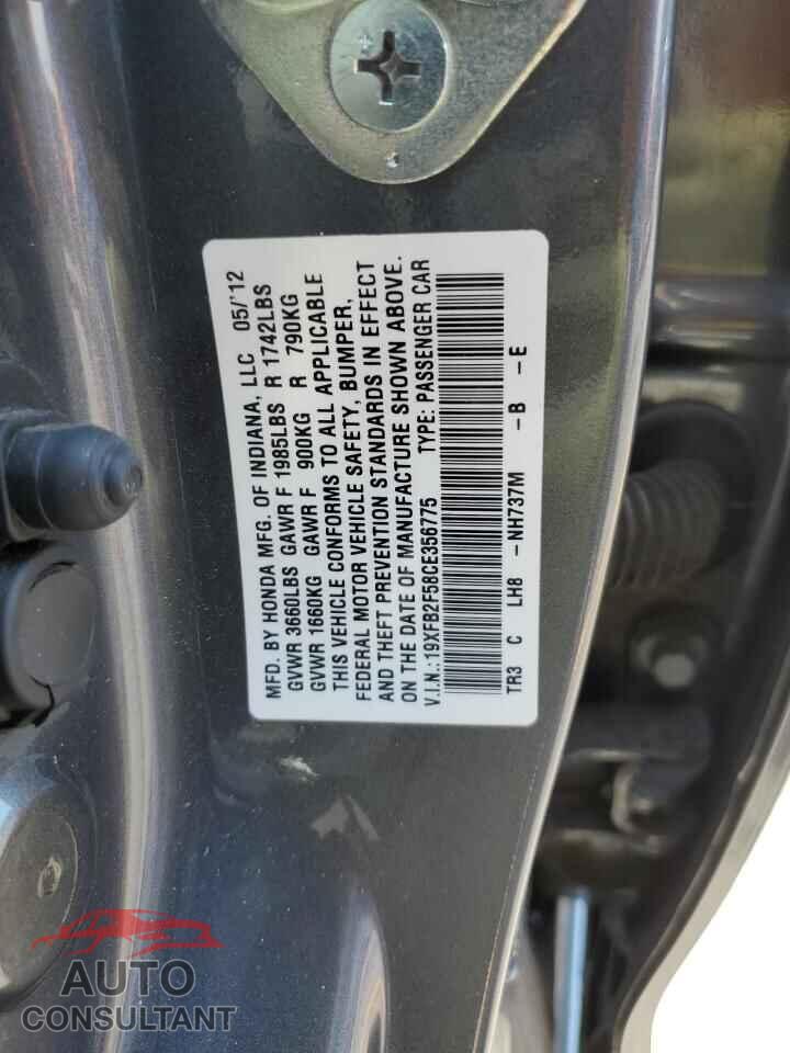 HONDA CIVIC 2012 - 19XFB2F58CE356775