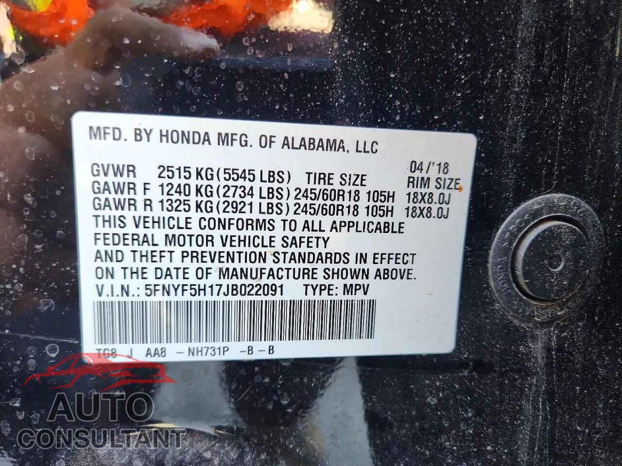 HONDA PILOT 2018 - 5FNYF5H17JB022091