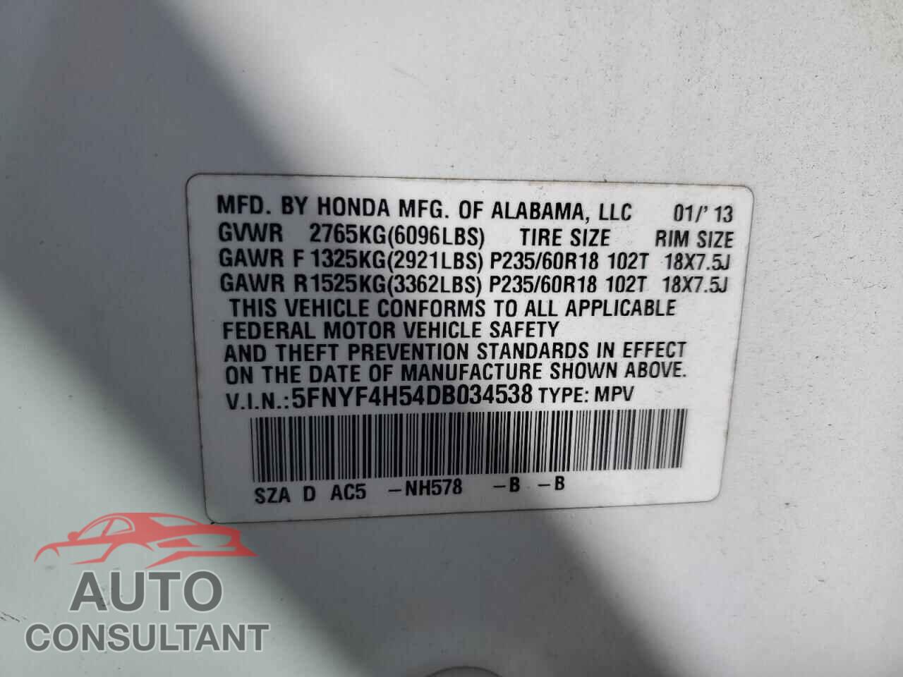 HONDA PILOT 2013 - 5FNYF4H54DB034538