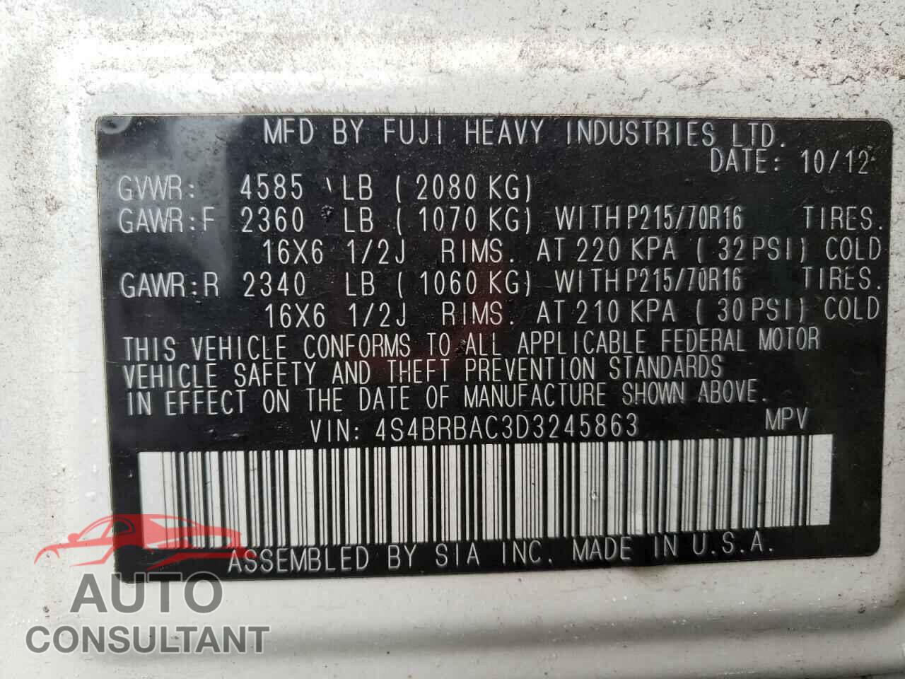 SUBARU OUTBACK 2013 - 4S4BRBAC3D3245863