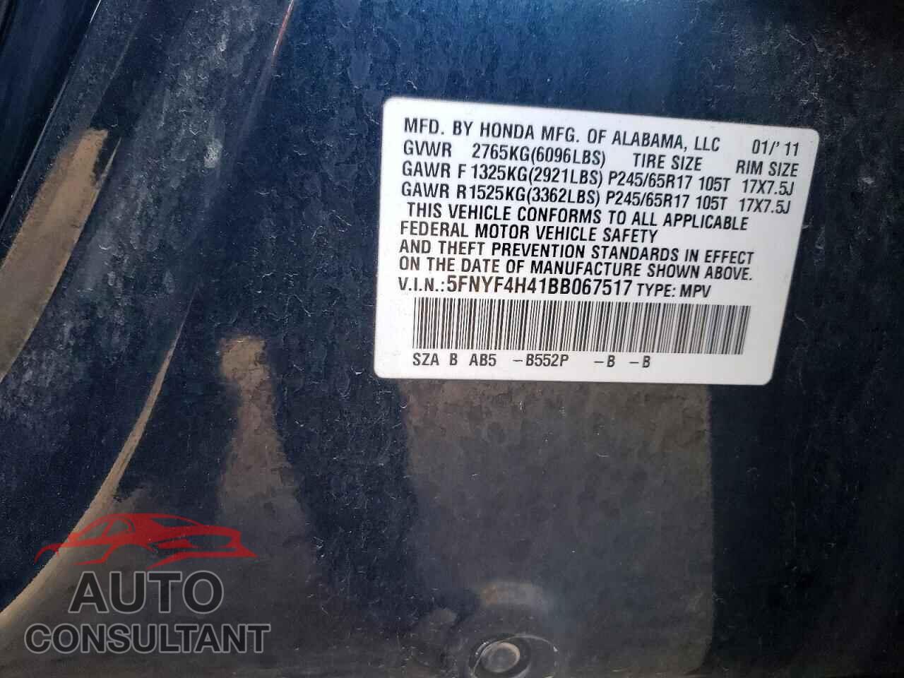 HONDA PILOT 2011 - 5FNYF4H41BB067517