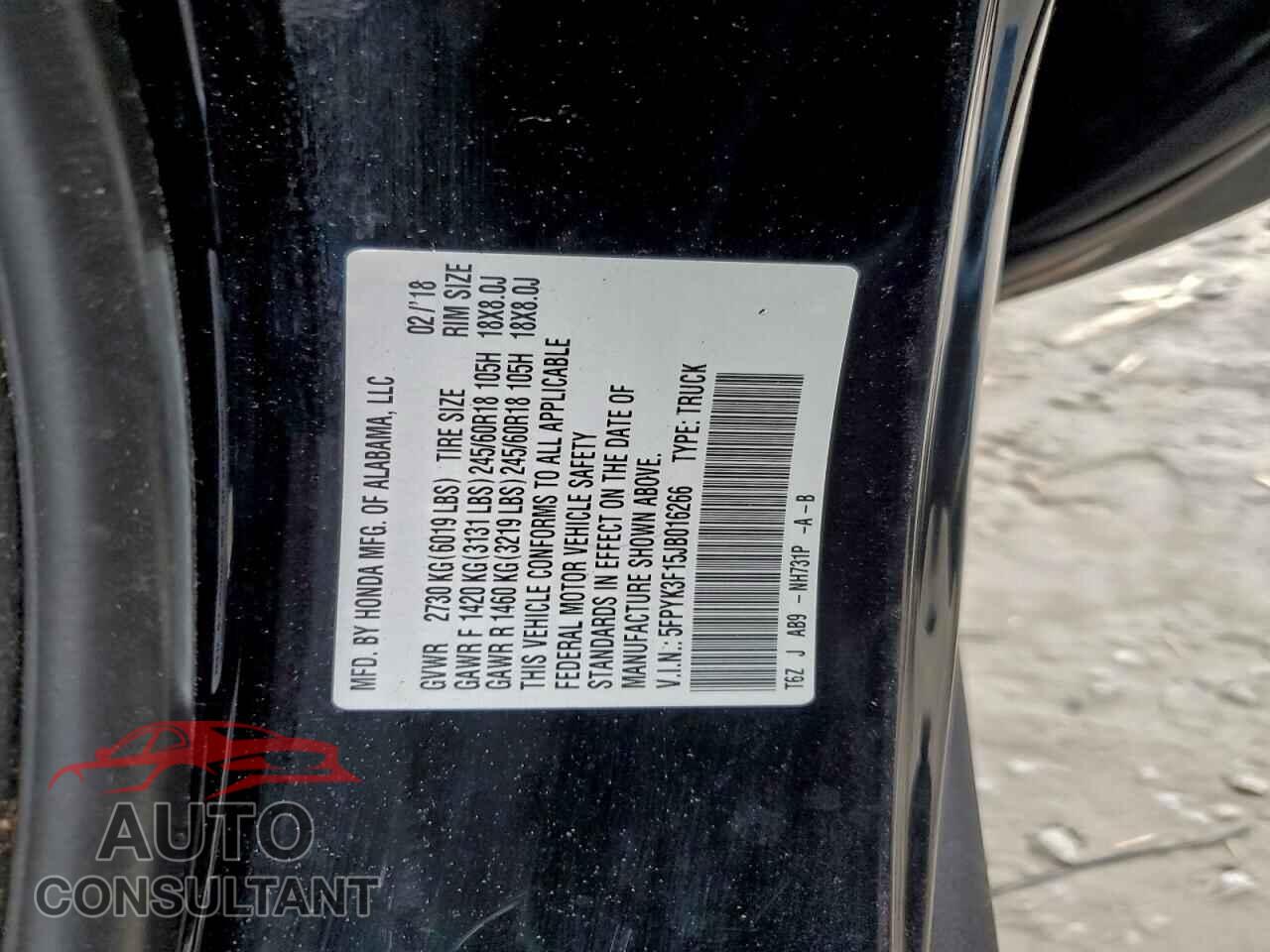HONDA RIDGELINE 2018 - 5FPYK3F15JB016266