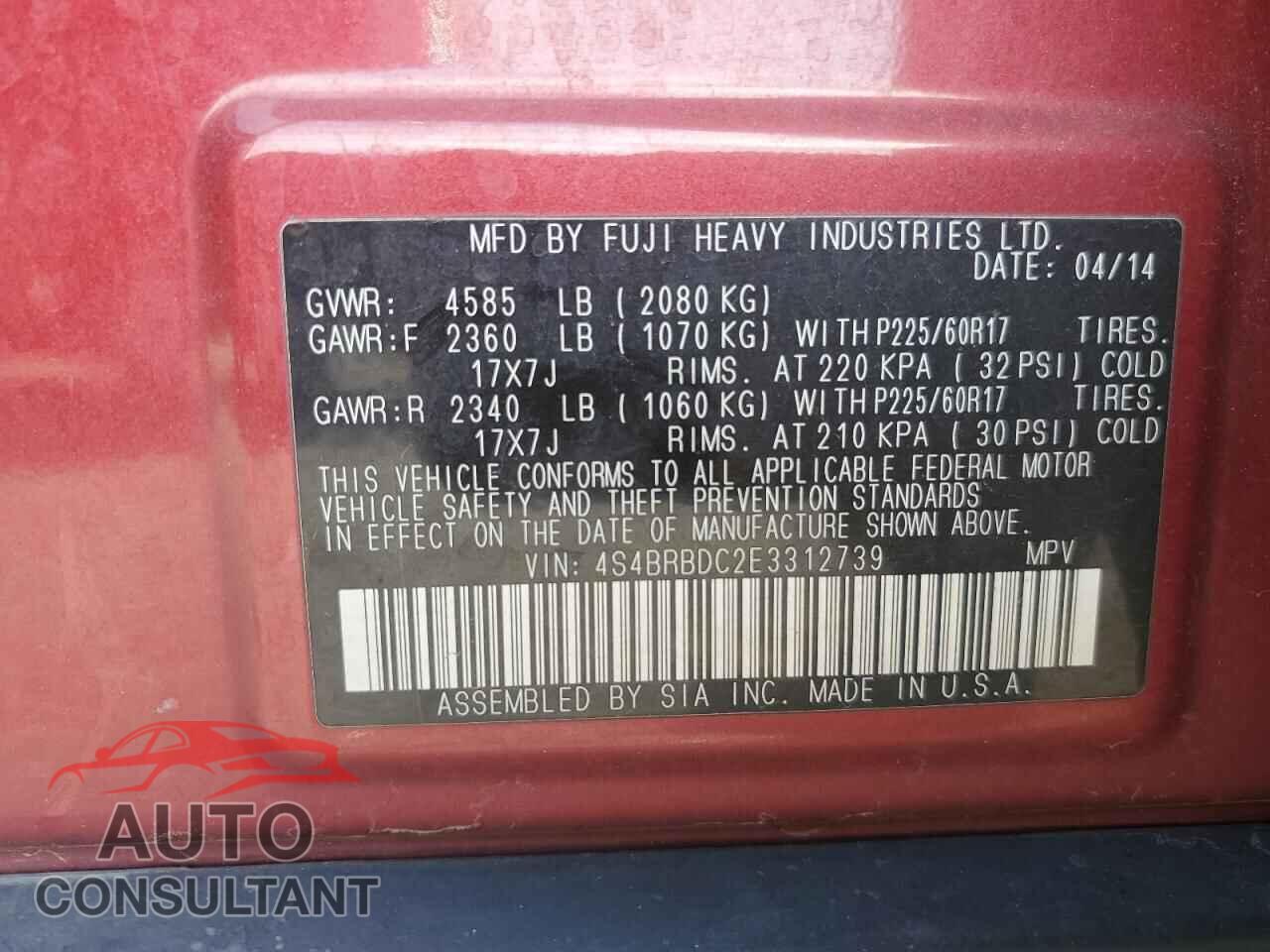 SUBARU OUTBACK 2014 - 4S4BRBDC2E3312739