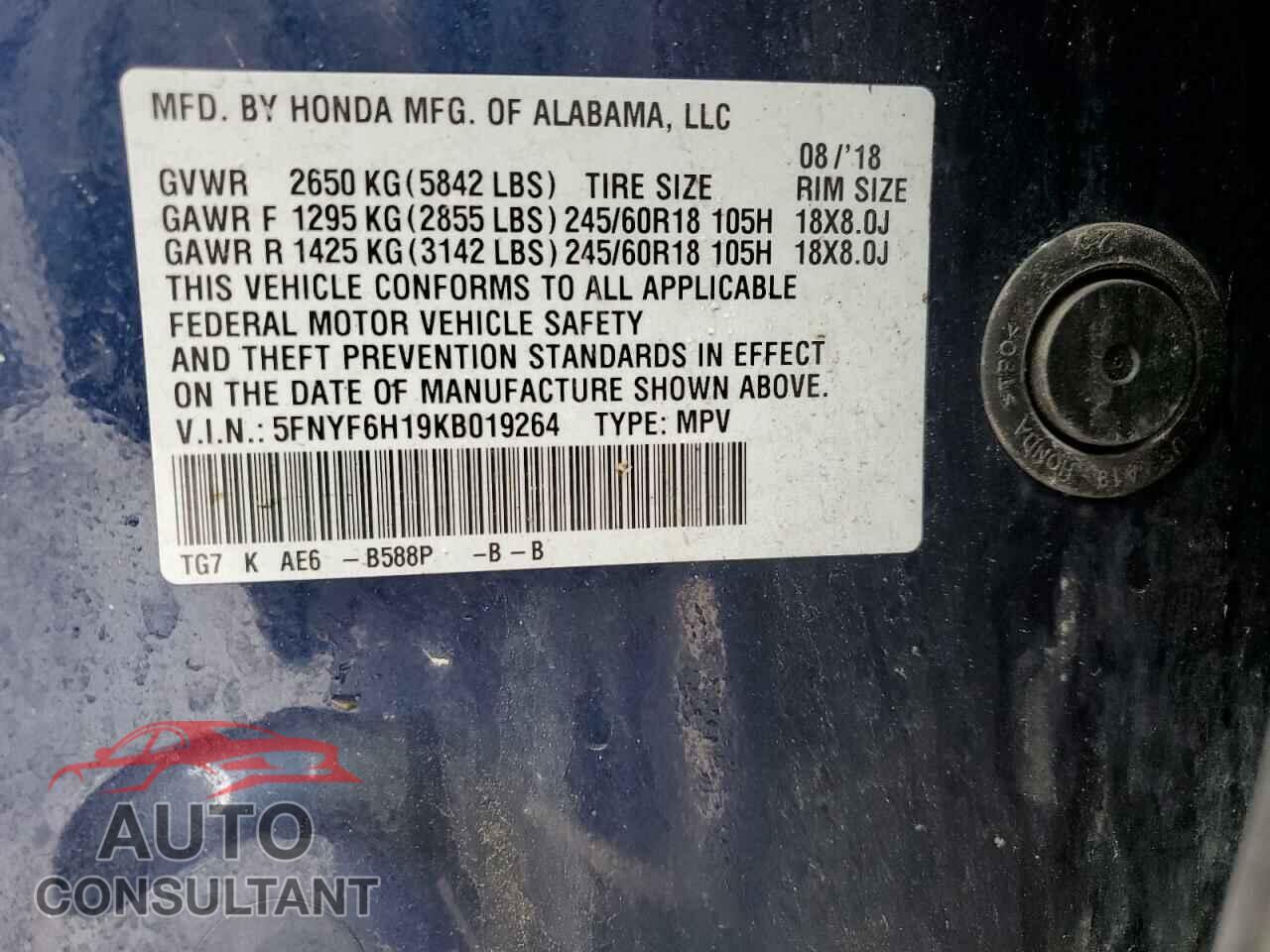HONDA PILOT 2019 - 5FNYF6H19KB019264