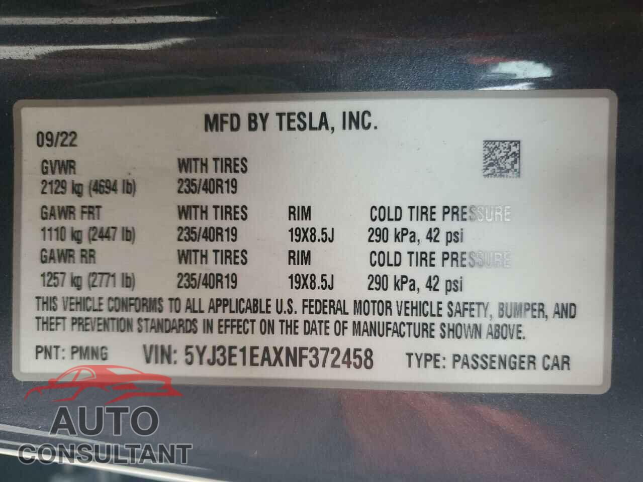 TESLA MODEL 3 2022 - 5YJ3E1EAXNF372458