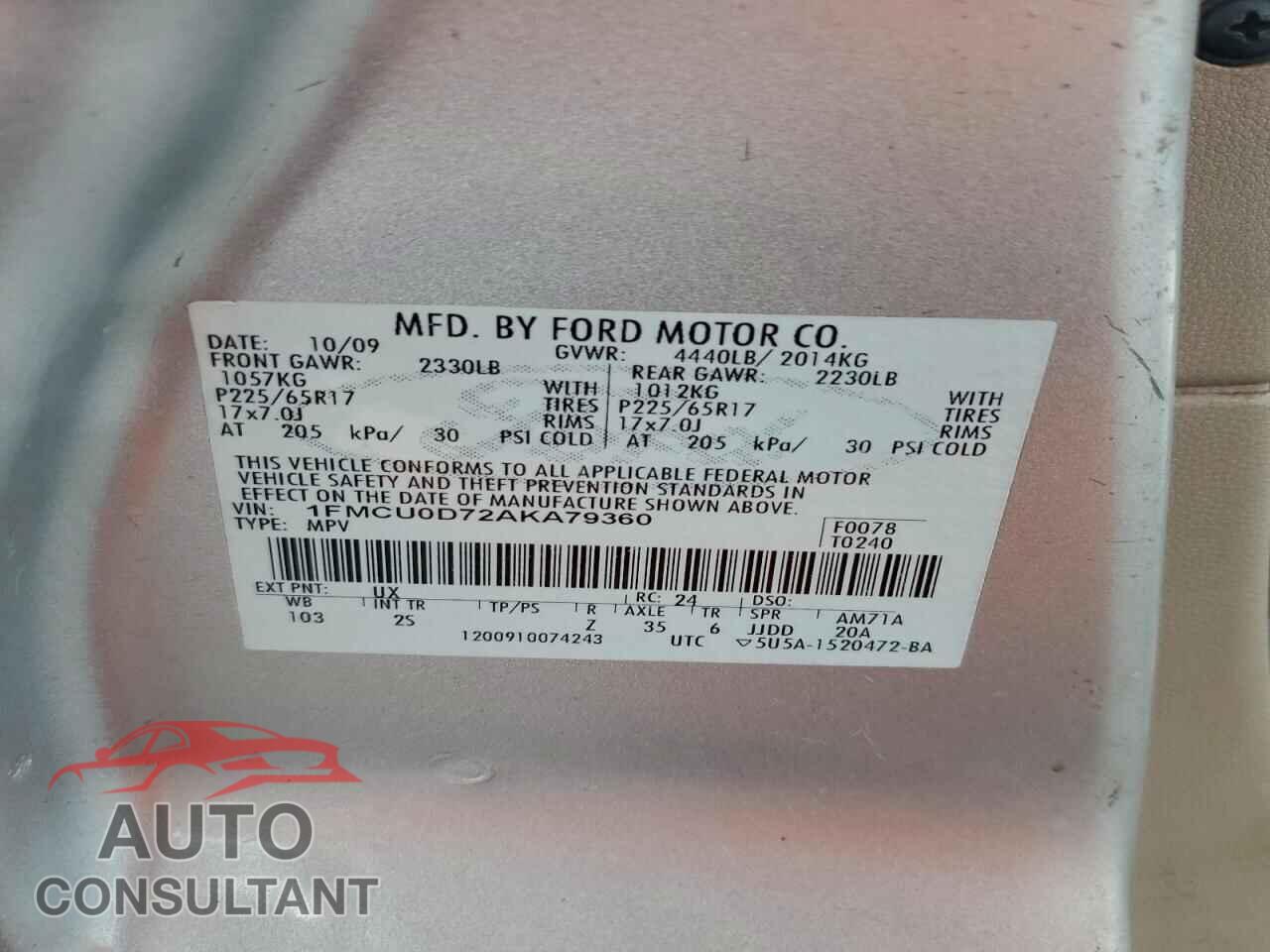 FORD ESCAPE 2010 - 1FMCU0D72AKA79360