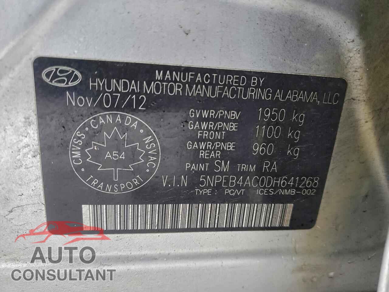HYUNDAI SONATA 2013 - 5NPEB4AC0DH641268