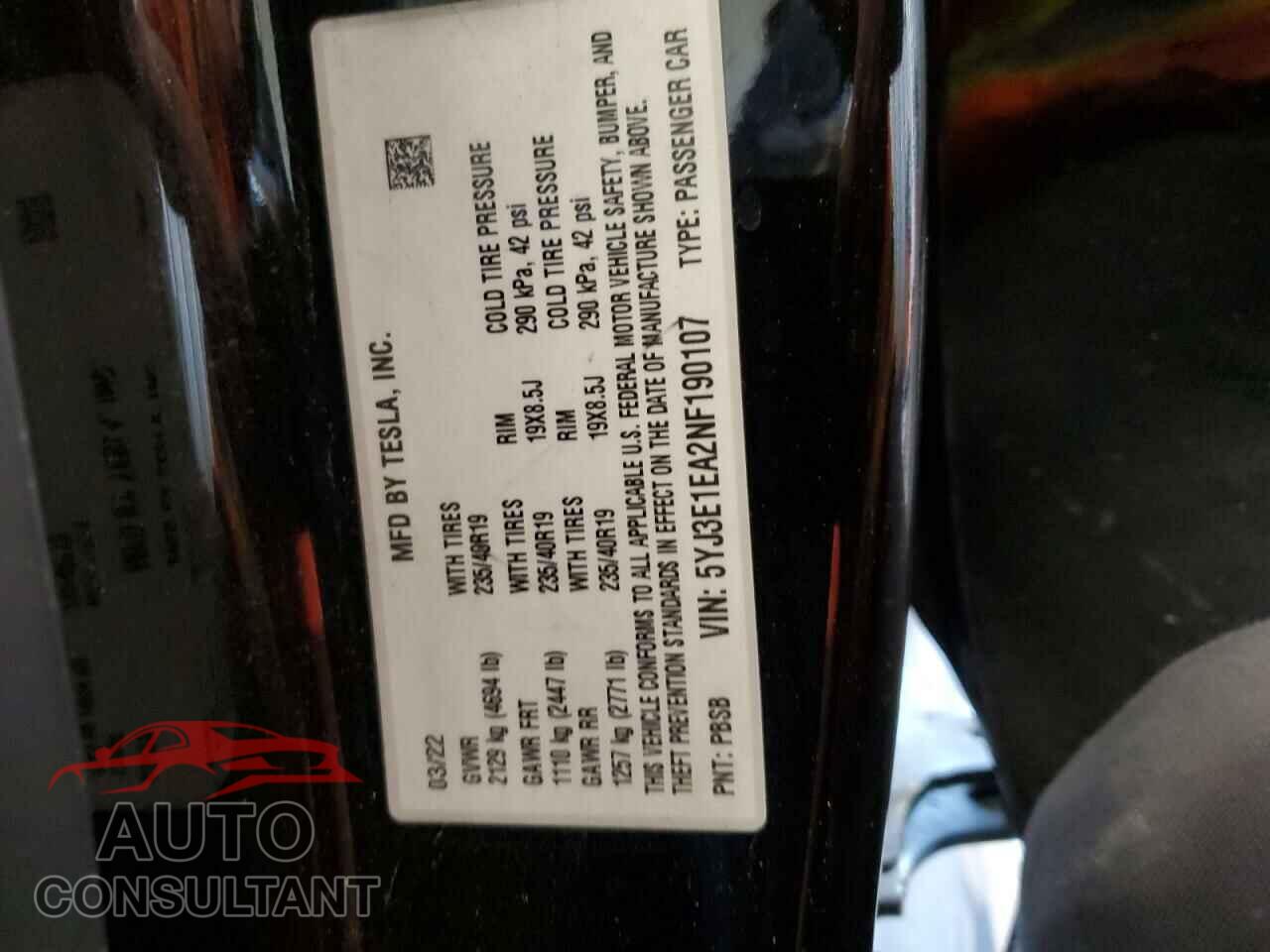 TESLA MODEL 3 2022 - 5YJ3E1EA2NF190107