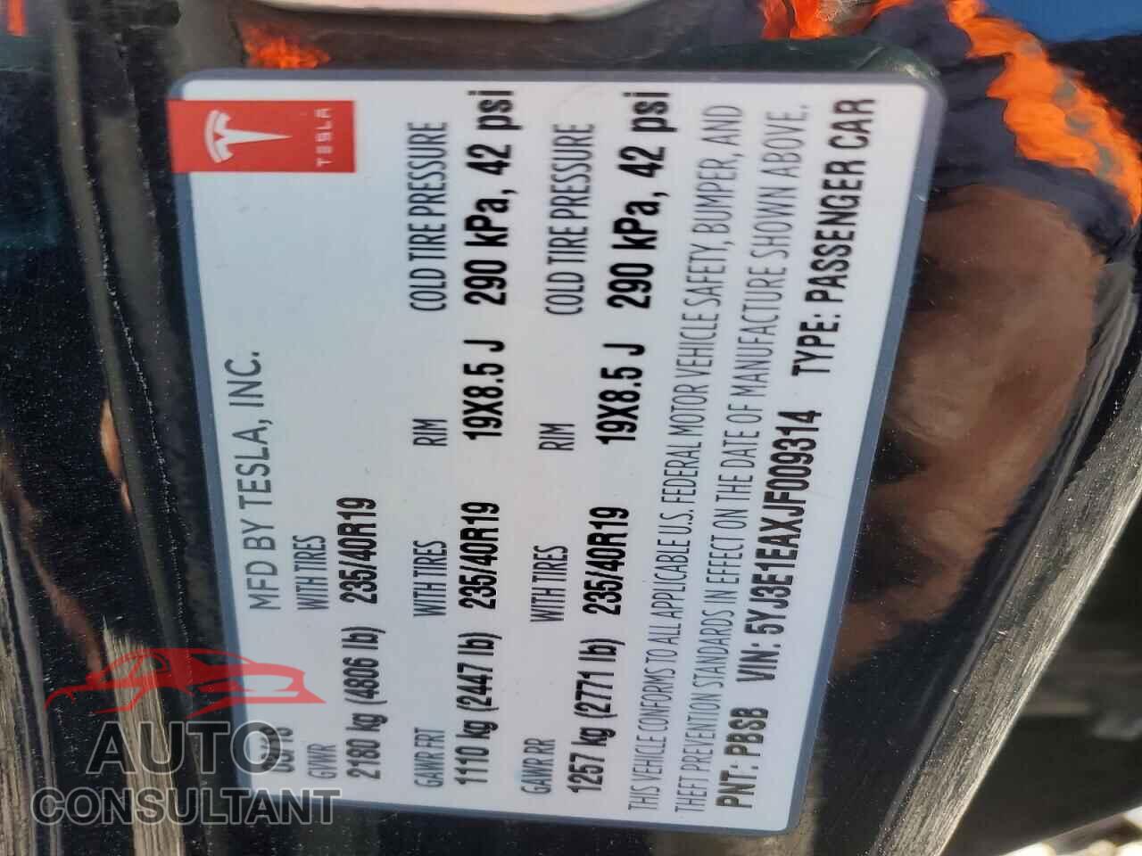 TESLA MODEL 3 2018 - 5YJ3E1EAXJF009314