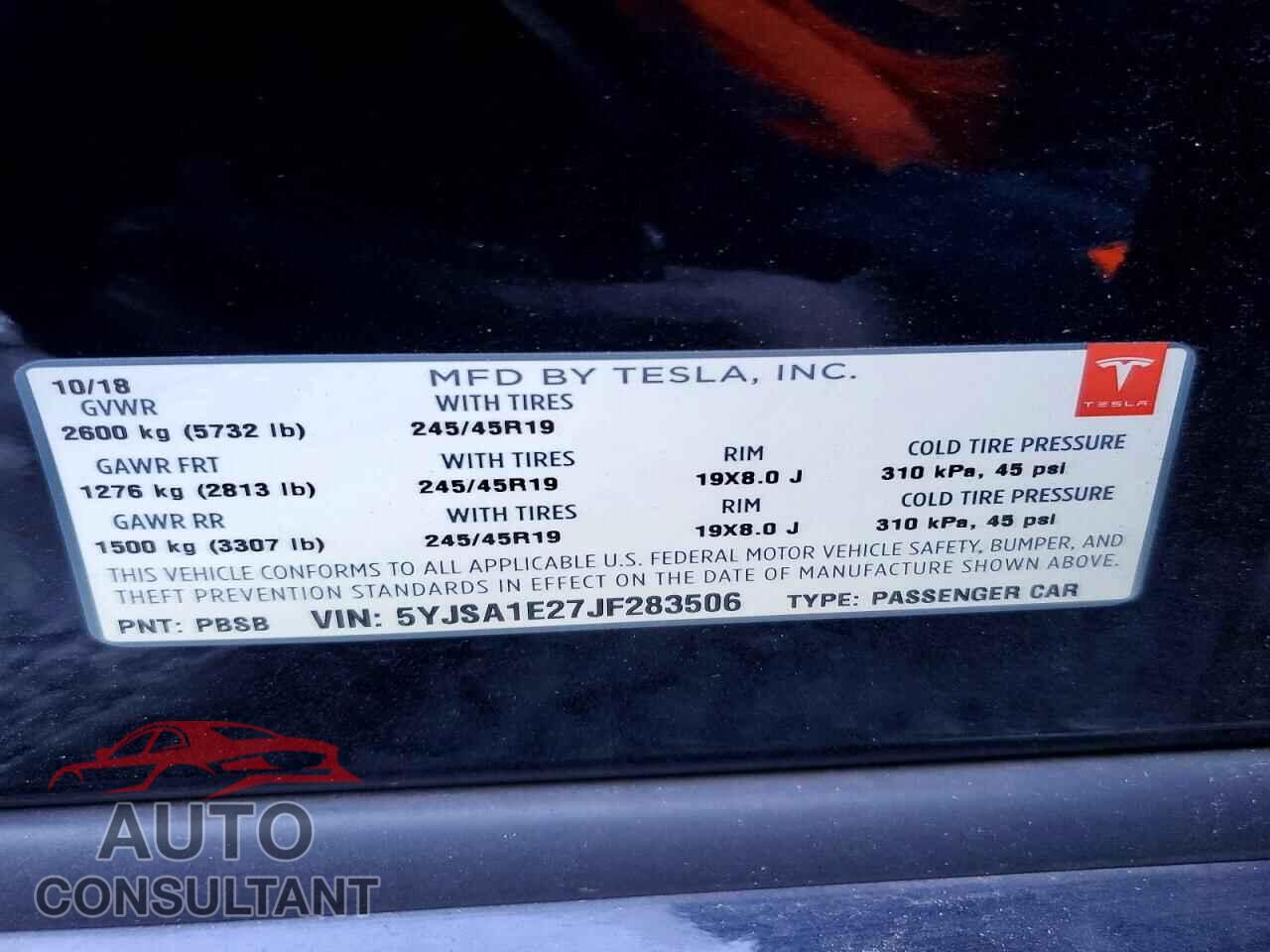 TESLA MODEL S 2018 - 5YJSA1E27JF283506
