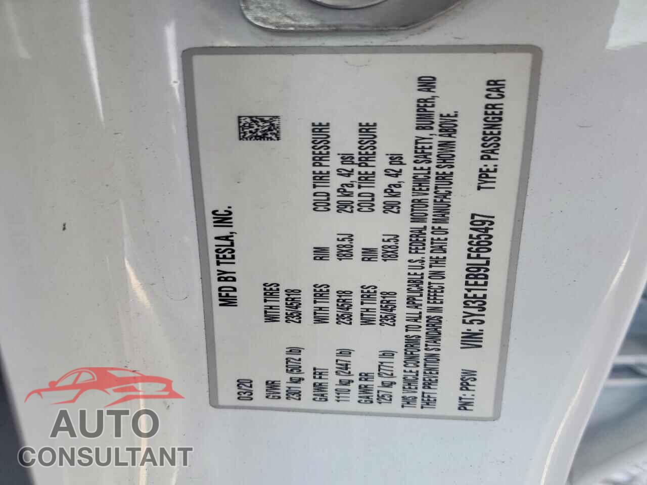 TESLA MODEL 3 2020 - 5YJ3E1EB9LF665497