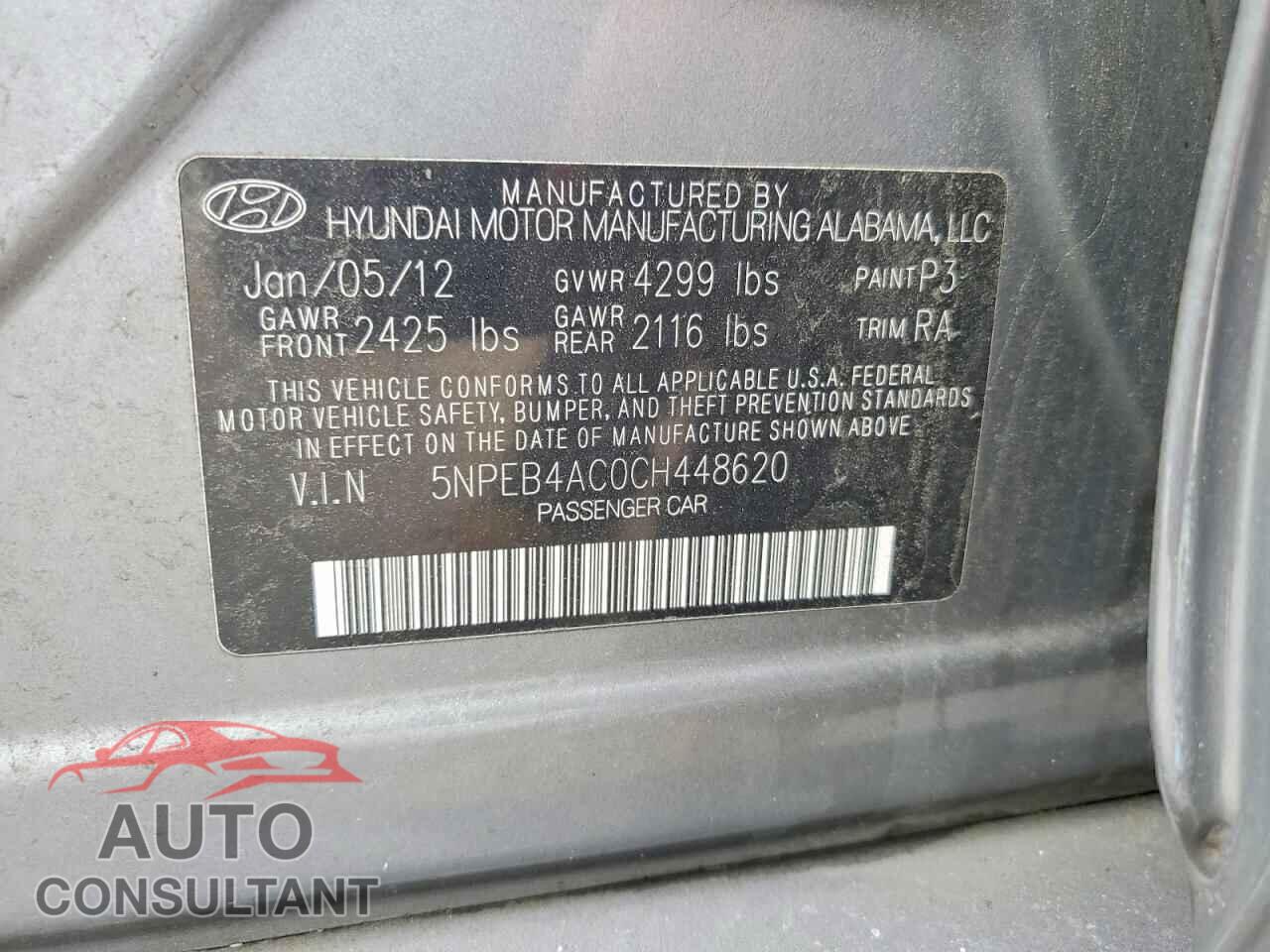 HYUNDAI SONATA 2012 - 5NPEB4AC0CH448620