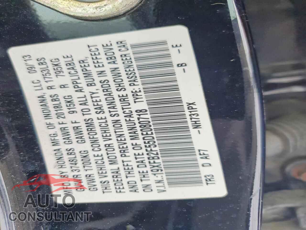 HONDA CIVIC 2013 - 19XFB2F55DE080718
