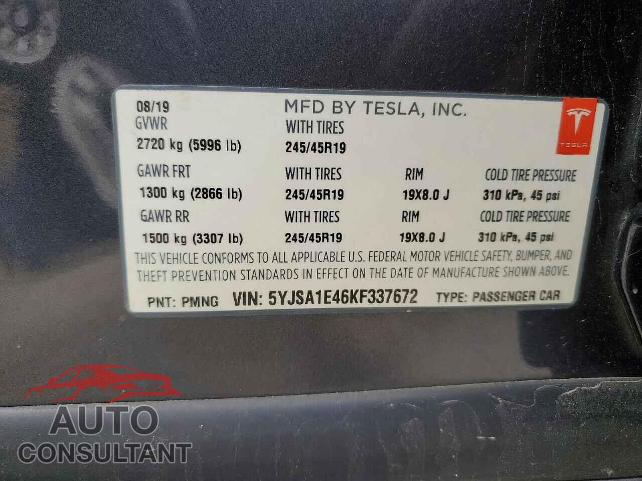 TESLA MODEL S 2019 - 5YJSA1E46KF337672