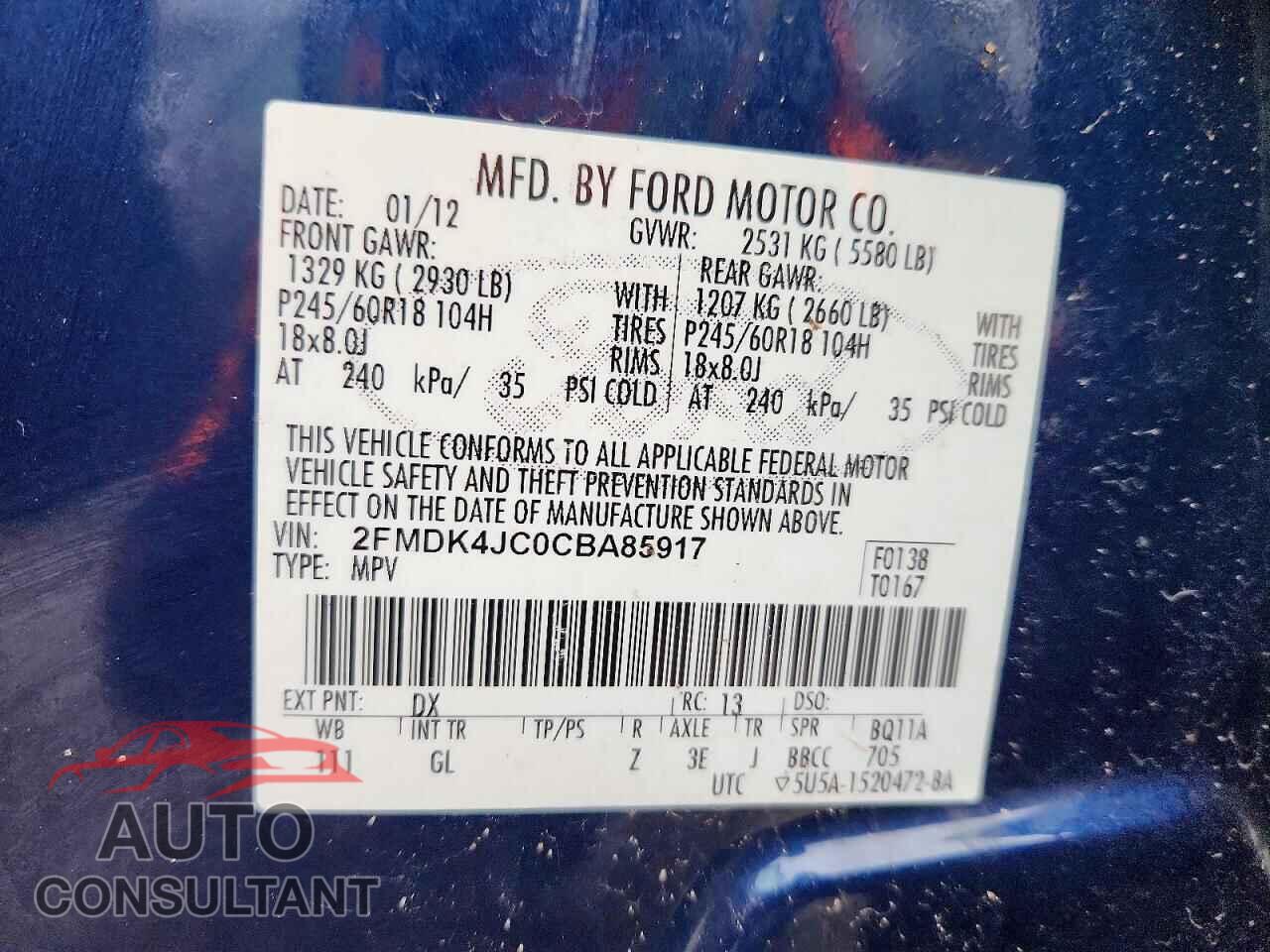 FORD EDGE 2012 - 2FMDK4JC0CBA85917