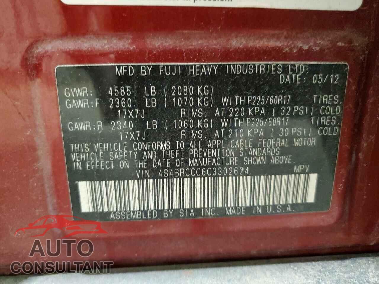 SUBARU OUTBACK 2012 - 4S4BRCCC6C3302624