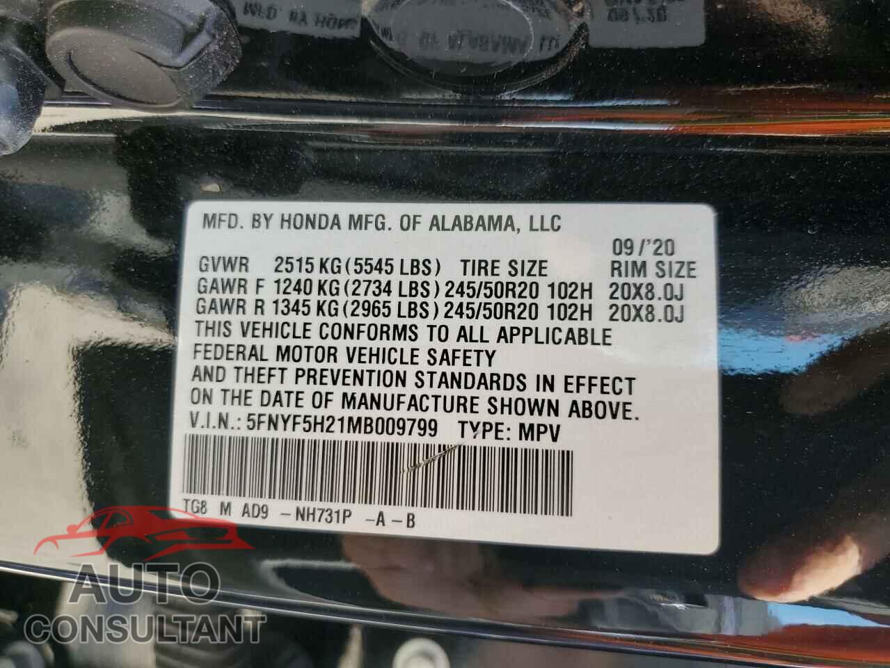 HONDA PILOT 2021 - 5FNYF5H21MB009799