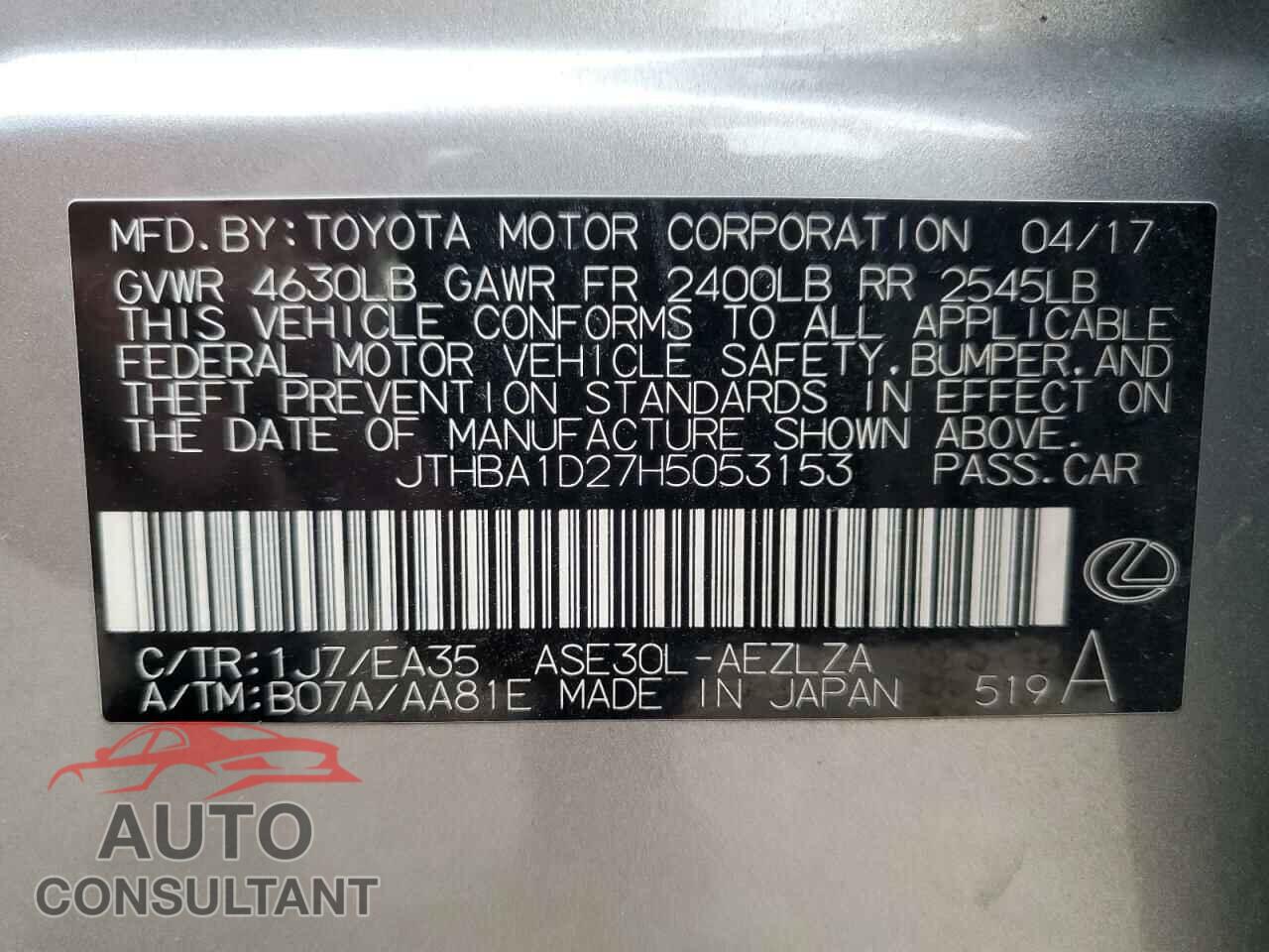 LEXUS IS 2017 - JTHBA1D27H5053153
