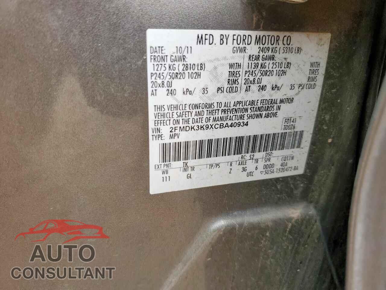 FORD EDGE 2012 - 2FMDK3K9XCBA40934