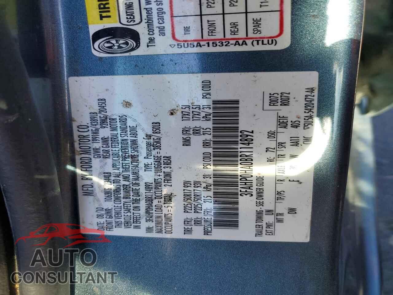 FORD FUSION 2011 - 3FAHP0HA0BR114892
