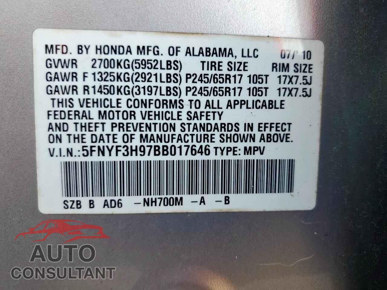 HONDA PILOT 2011 - 5FNYF3H97BB017646