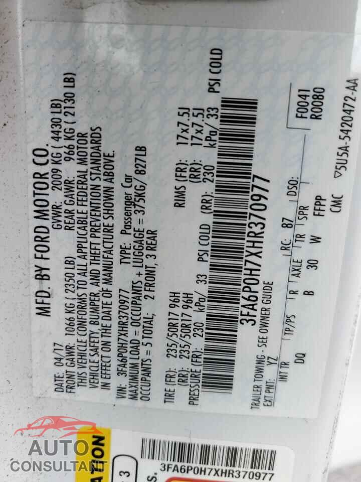 FORD FUSION 2017 - 3FA6P0H7XHR370977