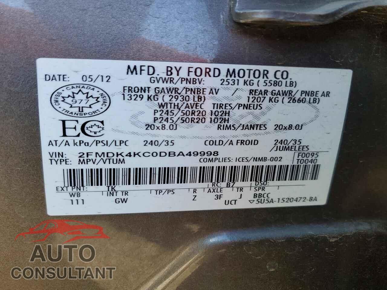 FORD EDGE 2013 - 2FMDK4KC0DBA49998