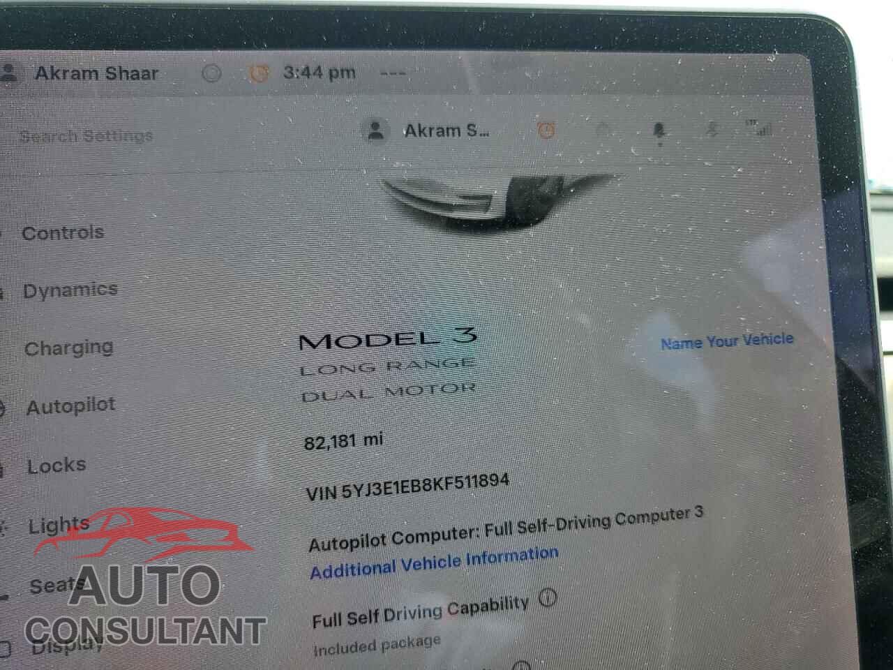 TESLA MODEL 3 2019 - 5YJ3E1EB8KF511894