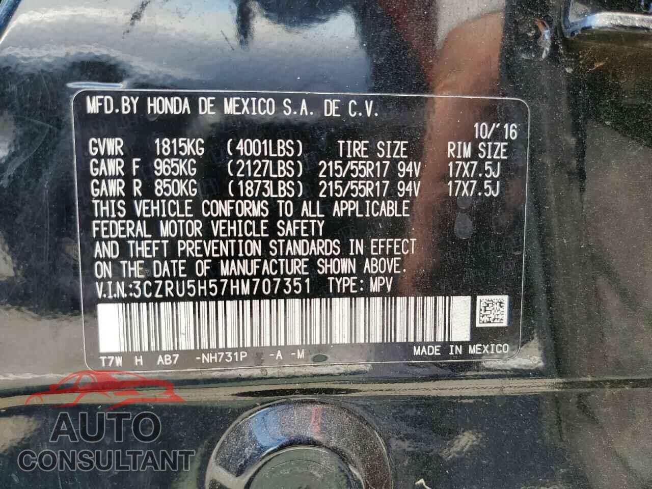 HONDA HR-V 2017 - 3CZRU5H57HM707351