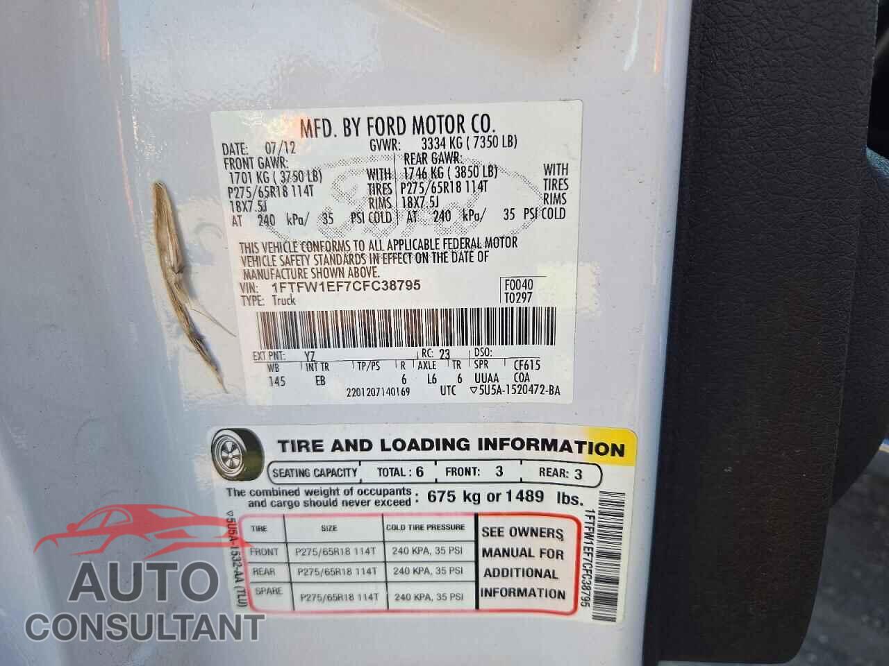 FORD F150 2012 - 1FTFW1EF7CFC38795