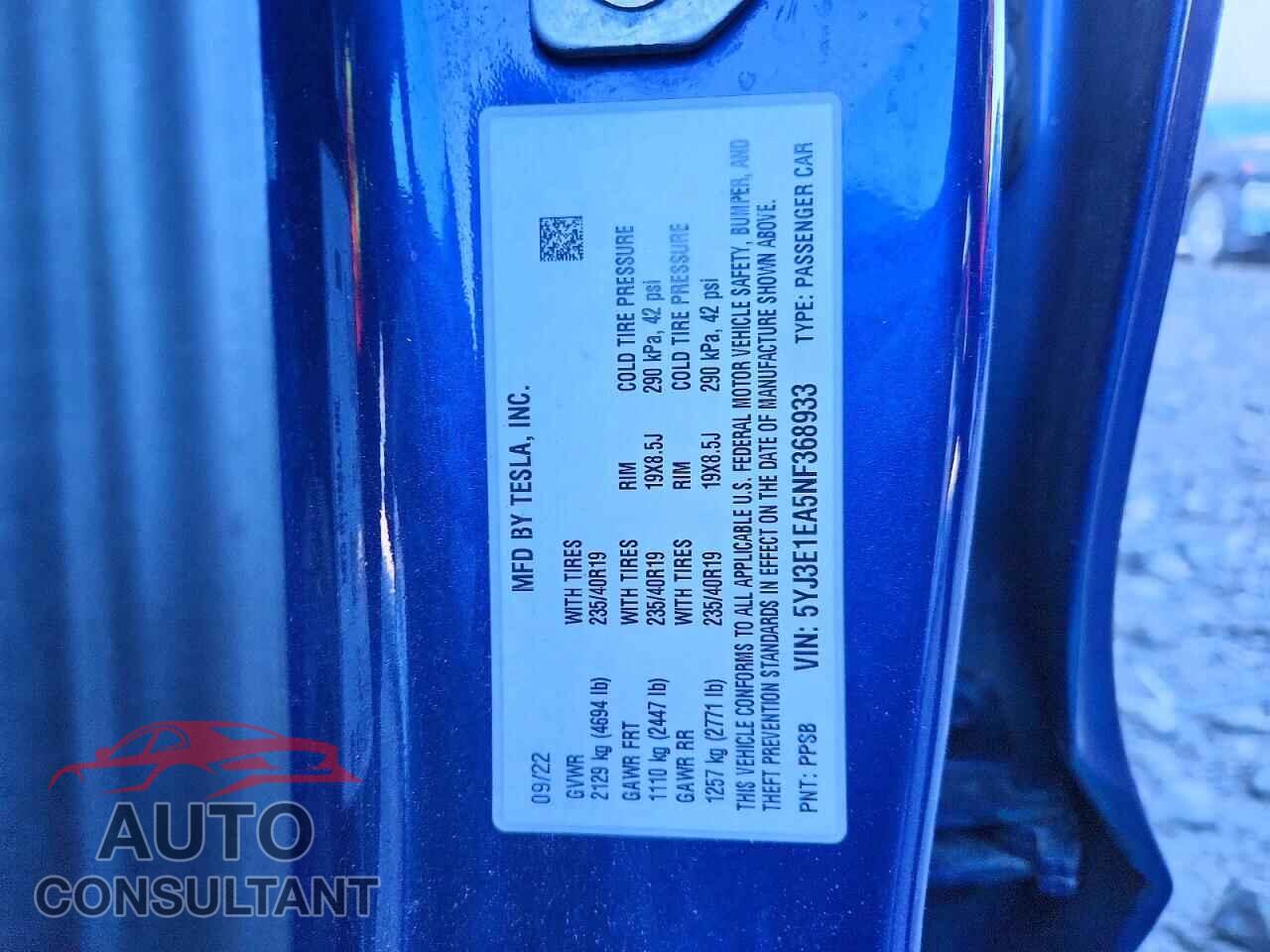 TESLA MODEL 3 2022 - 5YJ3E1EA5NF368933