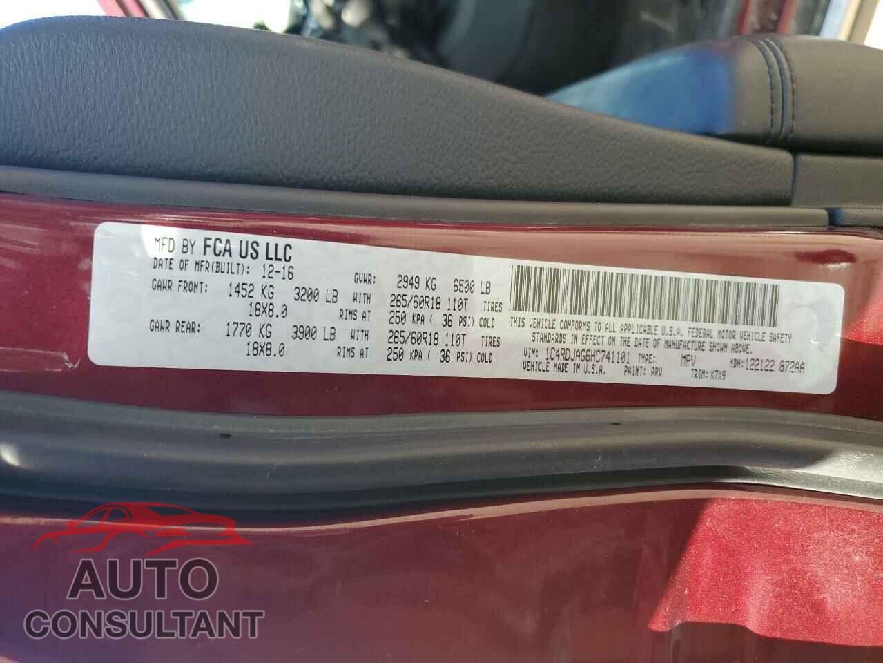 DODGE DURANGO 2017 - 1C4RDJAG6HC741101