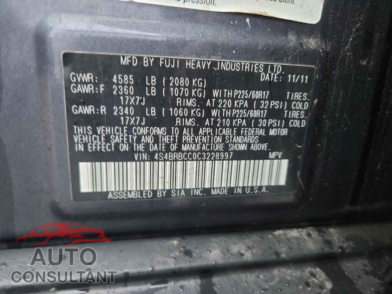 SUBARU OUTBACK 2012 - 4S4BRBCC0C3228997