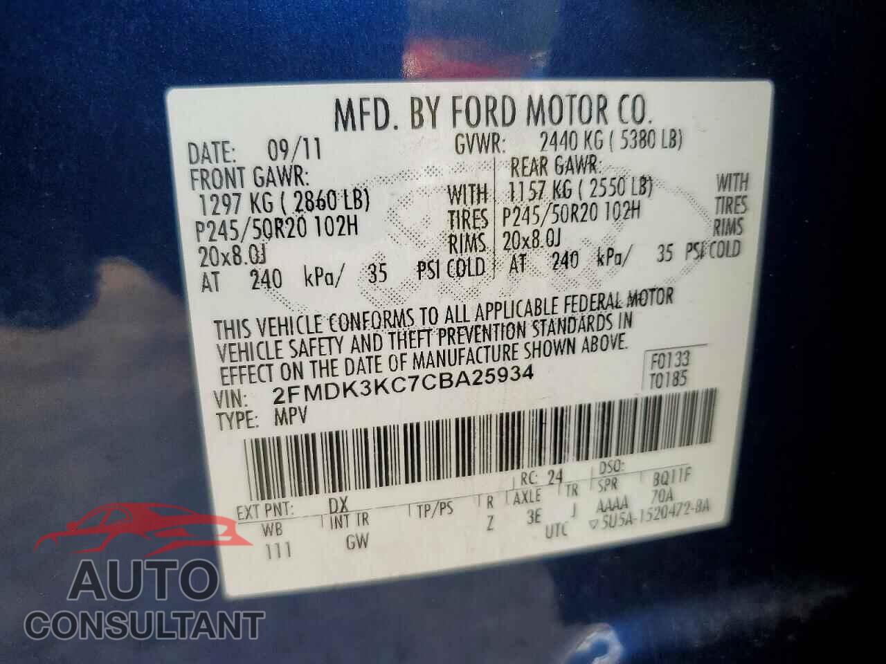 FORD EDGE 2012 - 2FMDK3KC7CBA25934