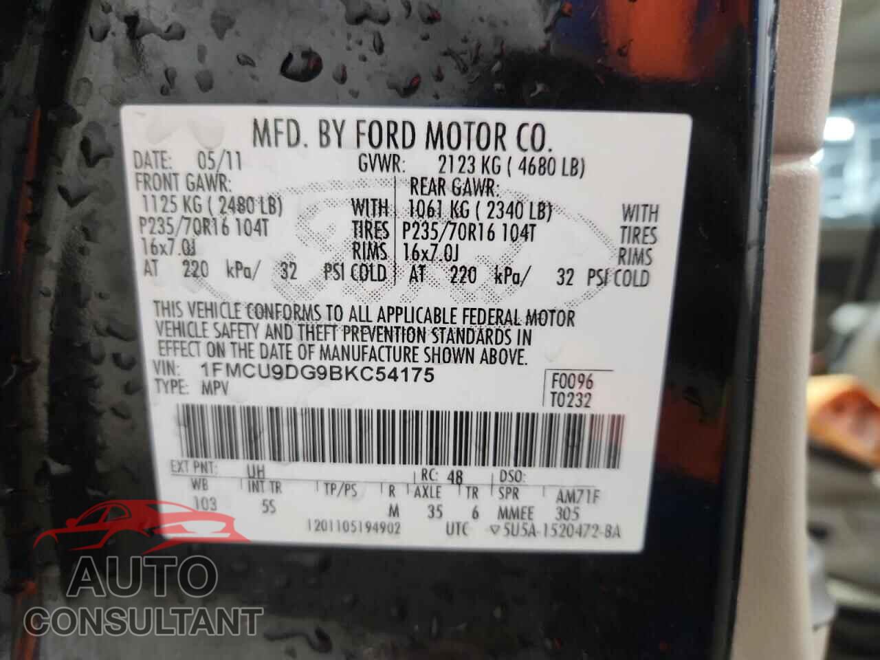 FORD ESCAPE 2011 - 1FMCU9DG9BKC54175