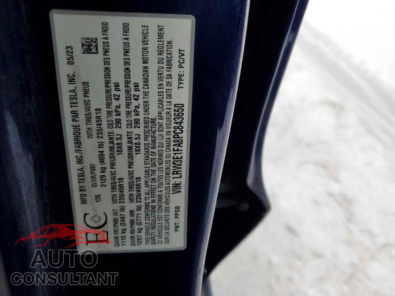 TESLA MODEL 3 2023 - LRW3E1FA8PC843650