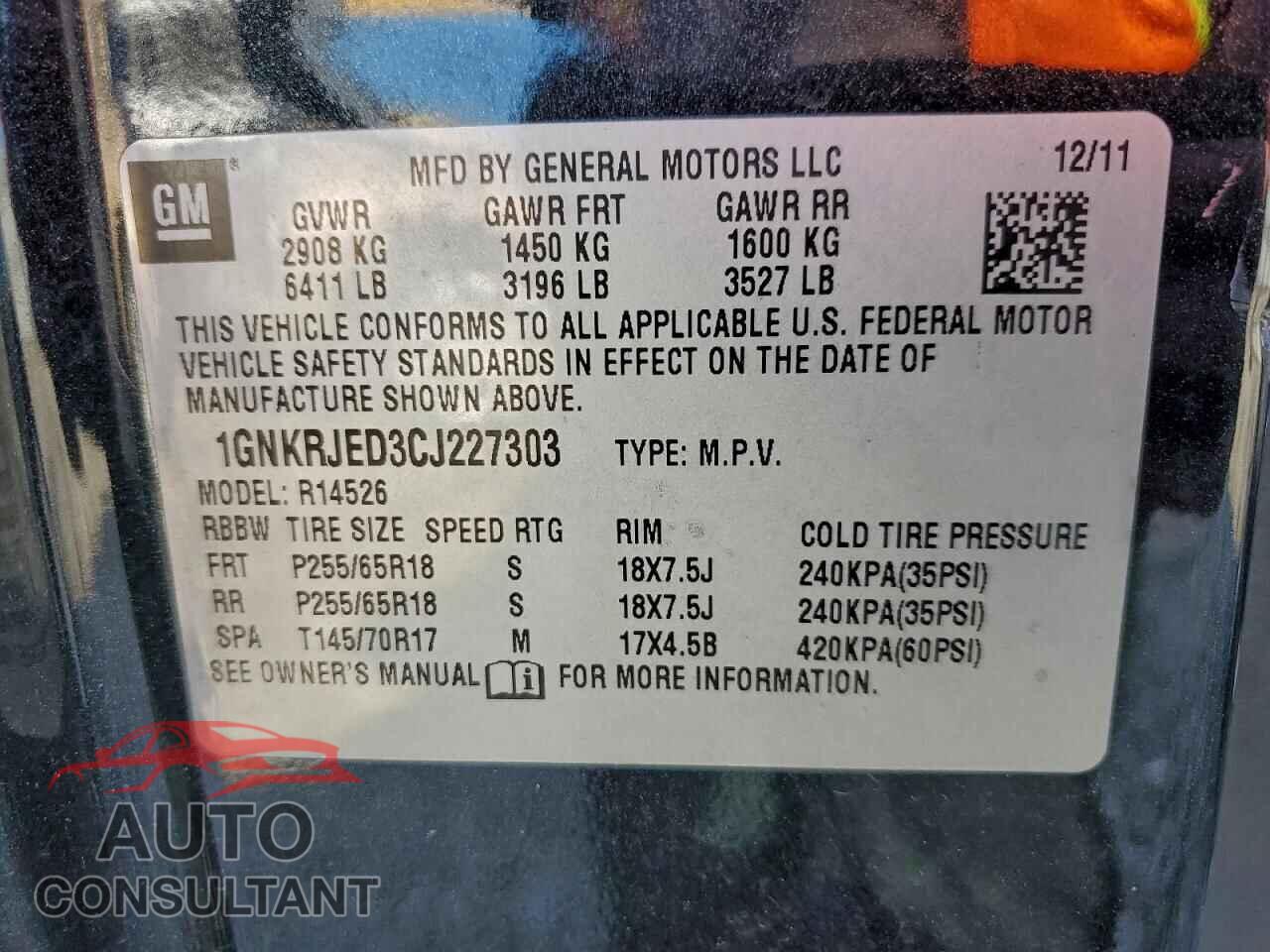 CHEVROLET TRAVERSE 2012 - 1GNKRJED3CJ227303