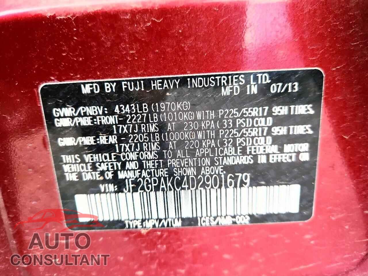 SUBARU XV 2013 - JF2GPAKC4D2901679