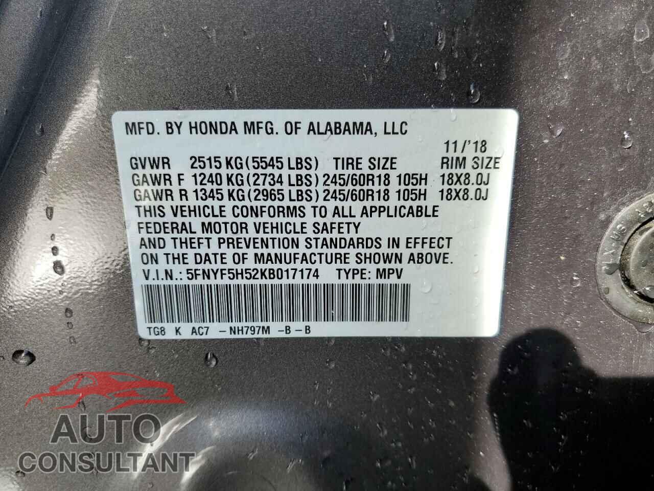 HONDA PILOT 2019 - 5FNYF5H52KB017174