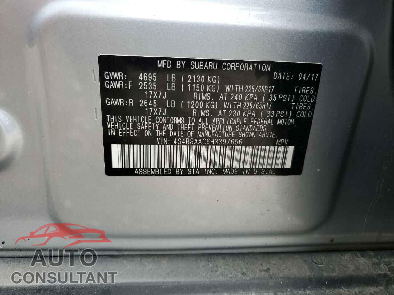 SUBARU OUTBACK 2017 - 4S4BSAAC6H3397656
